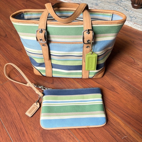 Coach Green and Blue Striped Tote with Classic Leather Accents - Picture 1 of 7
